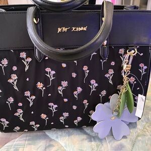 Betsey Johnson Black Floral Handbag with Lavender Charm